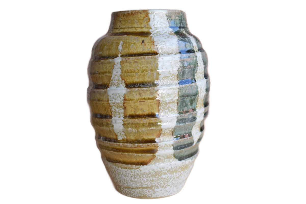 Ribbed Stoneware Vase with Looping Glaze Patterns