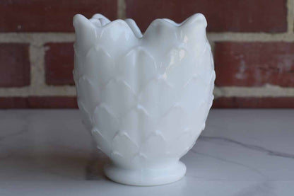 Milk Glass Vase or Pencil Holder with Leaf-Like Patterns