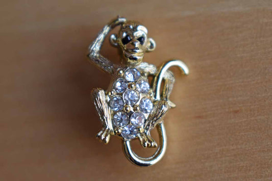 Tiny Silver Rhinestone Monkey-Shaped Lapel Pin