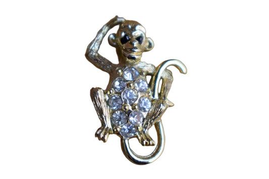 Tiny Silver Rhinestone Monkey-Shaped Lapel Pin