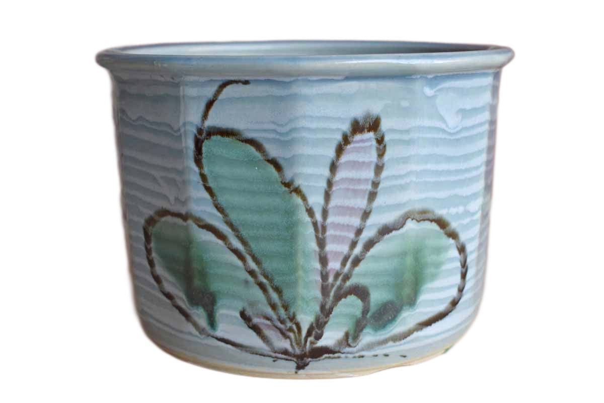 Ceramic Cachepot with Painted Abstract Flower and Drainage Hole