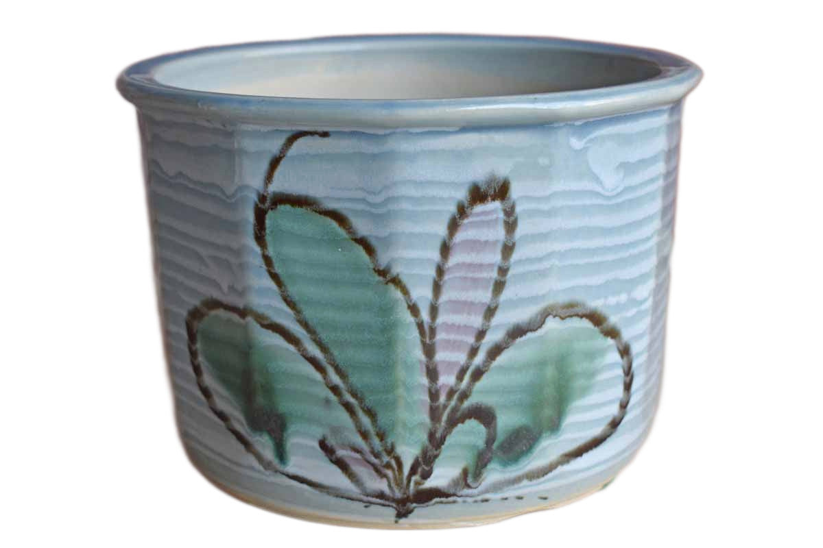 Ceramic Cachepot with Painted Abstract Flower and Drainage Hole