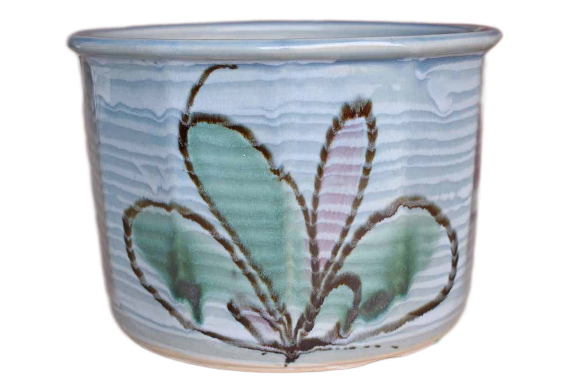 Ceramic Cachepot with Painted Abstract Flower and Drainage Hole