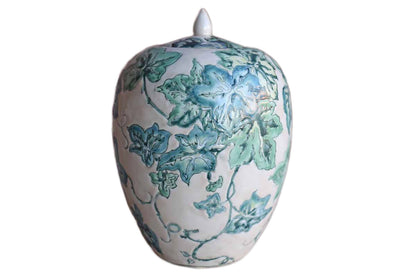 Ovoid Ceramic Lidded Jar with Green Leaves