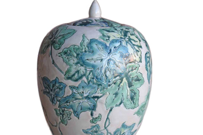 Ovoid Ceramic Lidded Jar with Green Leaves