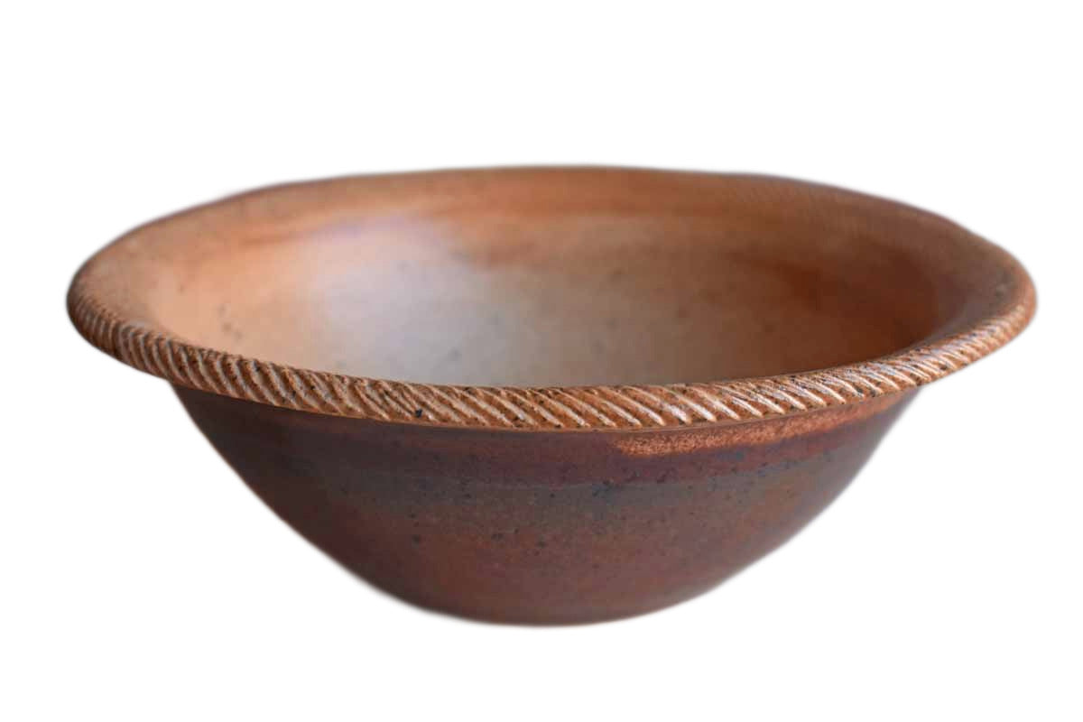 Speckled Gold Stoneware Bowl with Incisions Around Rim