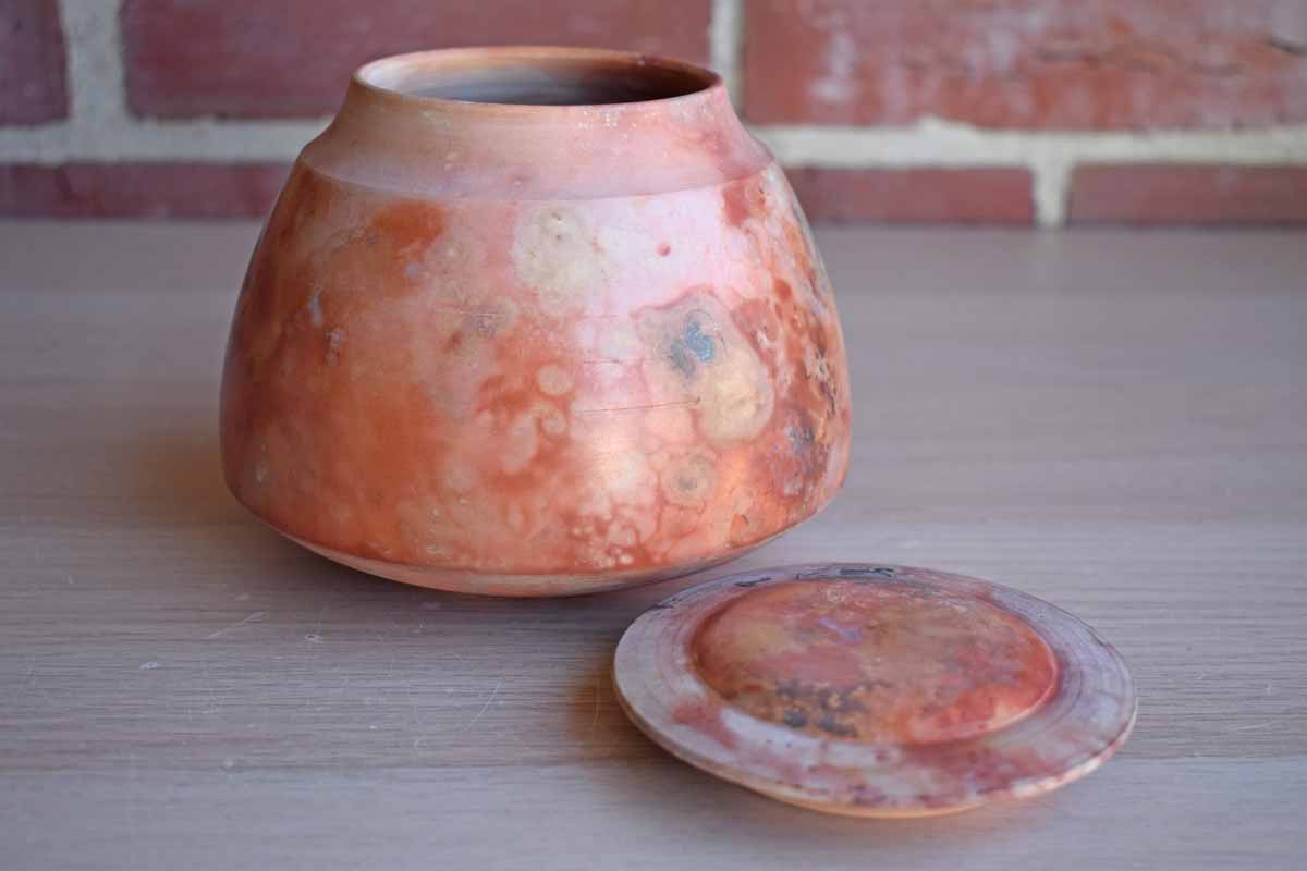 Ceramic Lidded Container with Orange Mottled Glazes