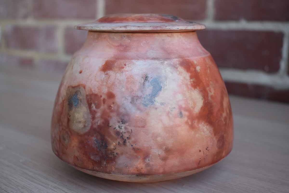 Ceramic Lidded Container with Orange Mottled Glazes