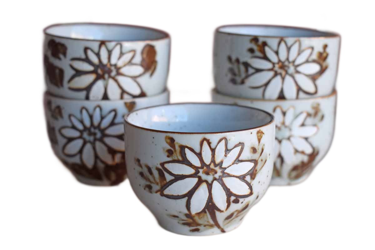Small Stoneware Drinking Cups with White Flowers