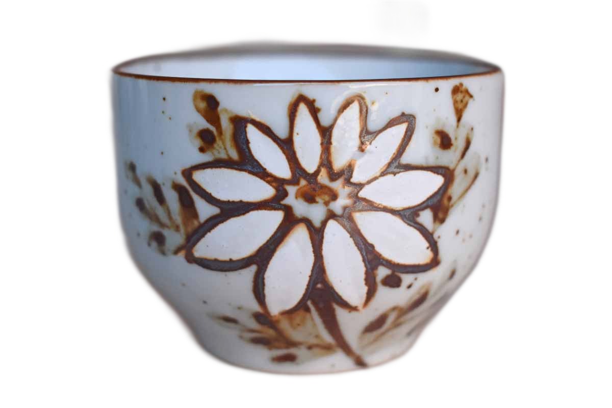 Small Stoneware Drinking Cups with White Flowers