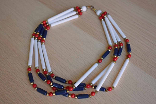 4-Strand Red, White and Blue Plastic Beaded Necklace