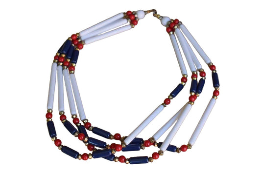 4-Strand Red, White and Blue Plastic Beaded Necklace