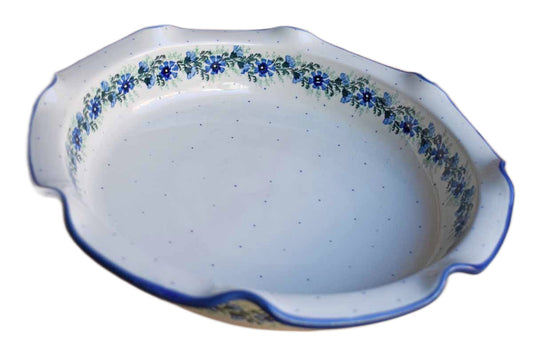 Boleslawiec Pottery (Poland) Large Shallow Serving Bowl with Bands of Blue Flowers