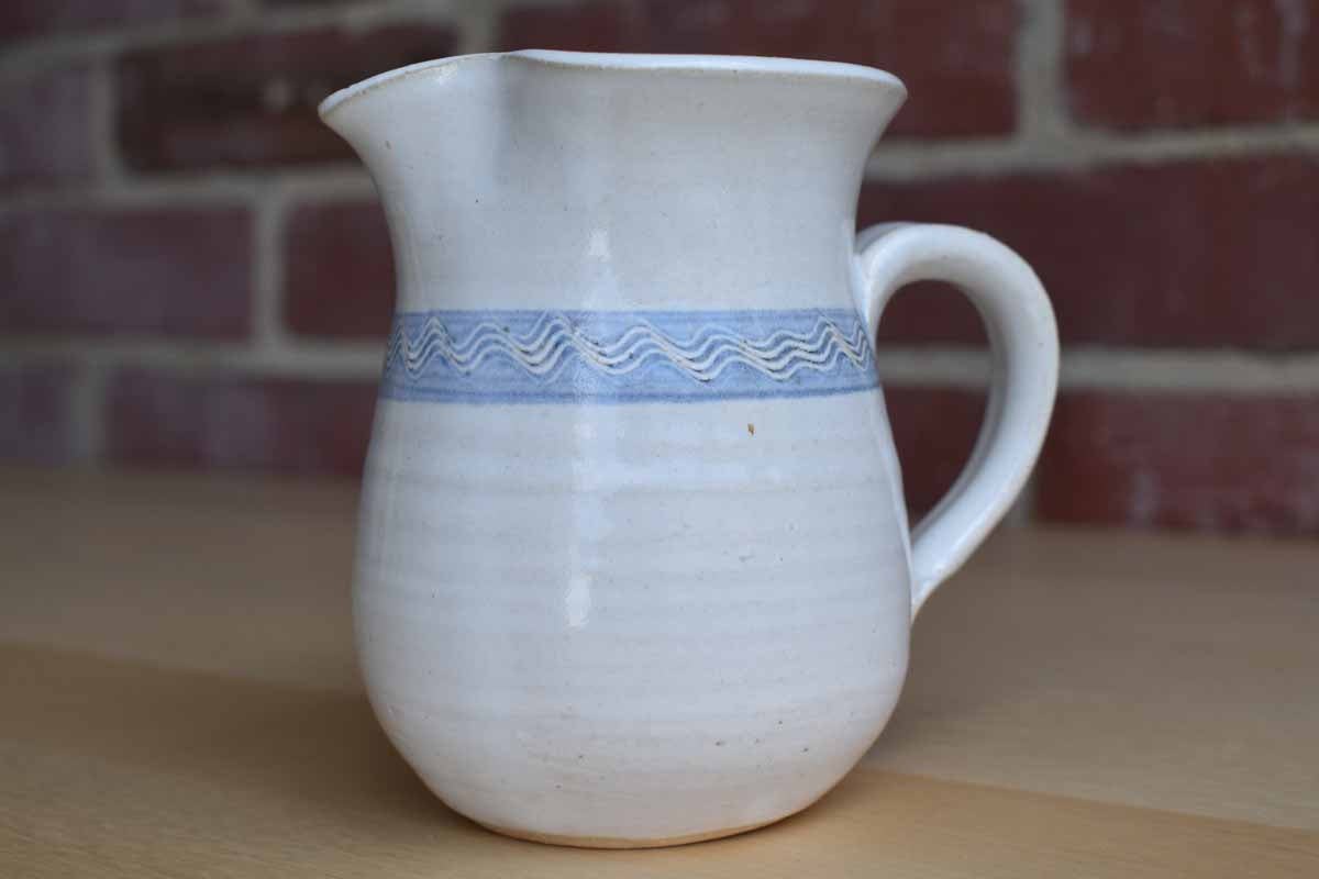Little Stoneware Handled Pitcher with Wavy Blue Band