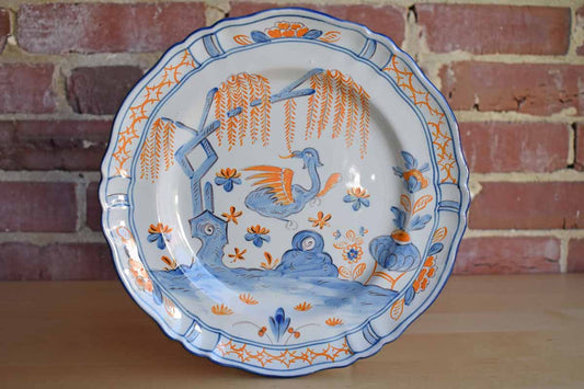 Decorative Ceramic Plate with Hand-Painted Blue and Orange Dragon Landscape