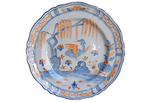 Decorative Ceramic Plate with Hand-Painted Blue and Orange Dragon Landscape