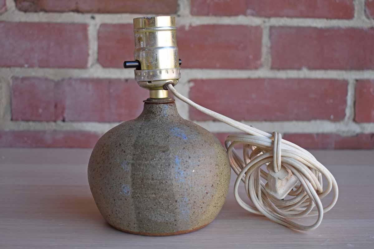 Little Handmade Stoneware Table Lamp with Tan and Blue Glazes