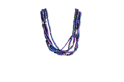 Multi-Strand Purple and Blue Wood and Gold Bead Necklace