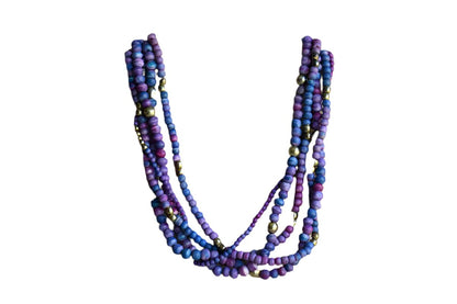 Multi-Strand Purple and Blue Wood and Gold Bead Necklace
