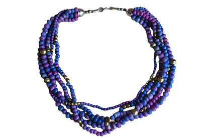 Multi-Strand Purple and Blue Wood and Gold Bead Necklace