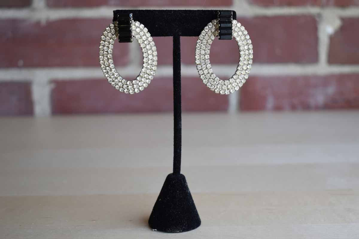 Bold and Glamorous Black and Silver Rhinestone Pierced Earrings