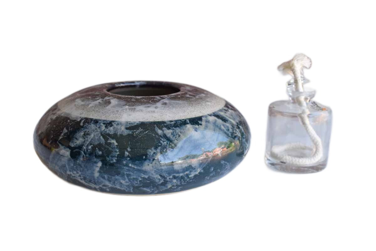 Squat Stoneware Oil Lamp with Unique Glaze Patterns