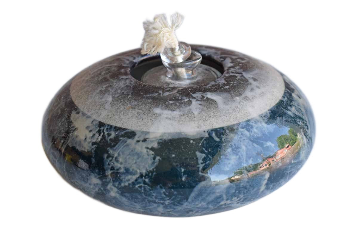Squat Stoneware Oil Lamp with Unique Glaze Patterns