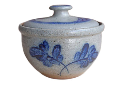 Rowe Pottery Works (Wisconsin, USA) Salt Glazed Lidded Bowl with Blue Flowers