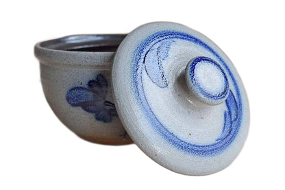 Rowe Pottery Works (Wisconsin, USA) Salt Glazed Lidded Bowl with Blue Flowers