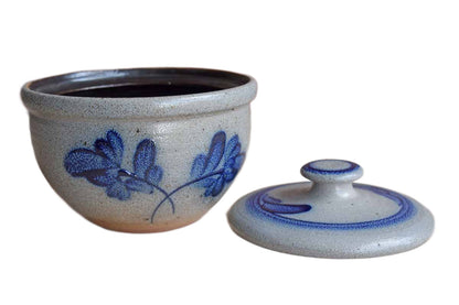 Rowe Pottery Works (Wisconsin, USA) Salt Glazed Lidded Bowl with Blue Flowers