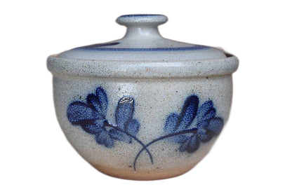 Rowe Pottery Works (Wisconsin, USA) Salt Glazed Lidded Bowl with Blue Flowers