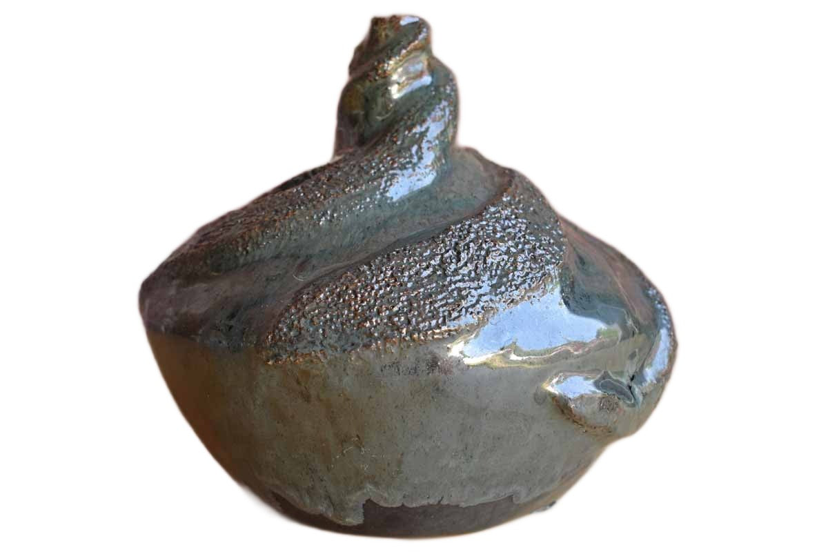 Swirling Free-Form Stoneware Vase with Luminous Green Glazes