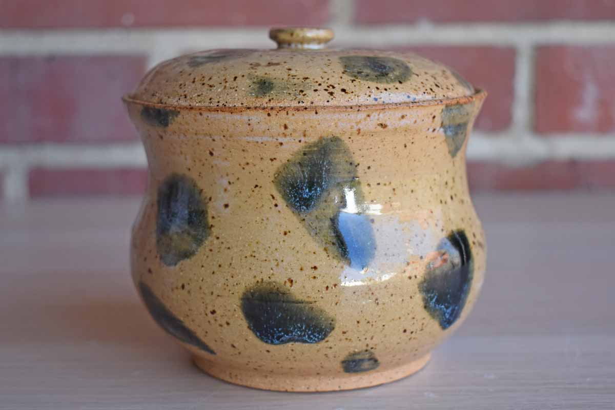Stoneware Lidded Container with Dark Green Glaze Dabs