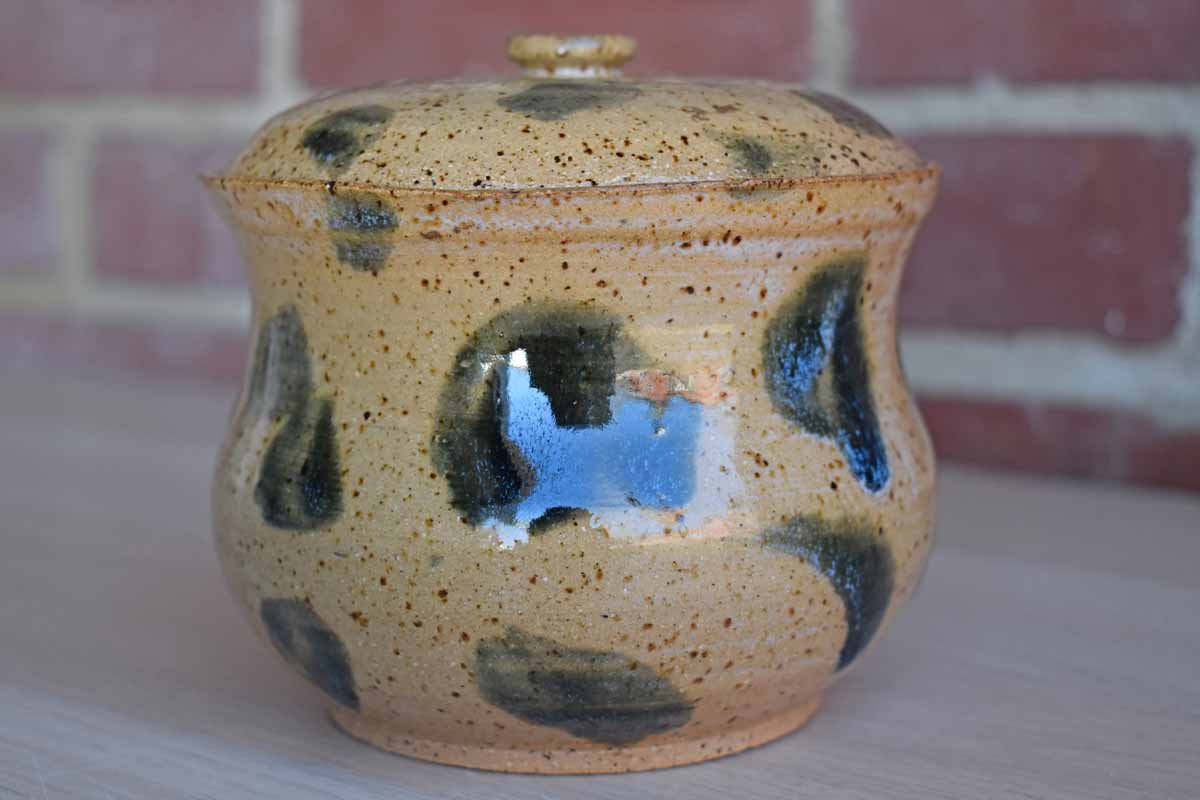 Stoneware Lidded Container with Dark Green Glaze Dabs