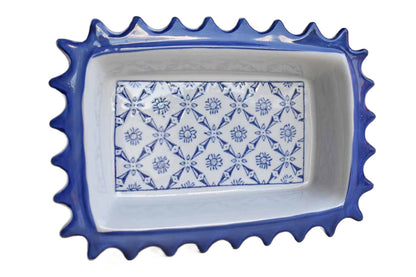Unique Blue and White Ceramic Dish with Floral Pattern and Pointy Rim