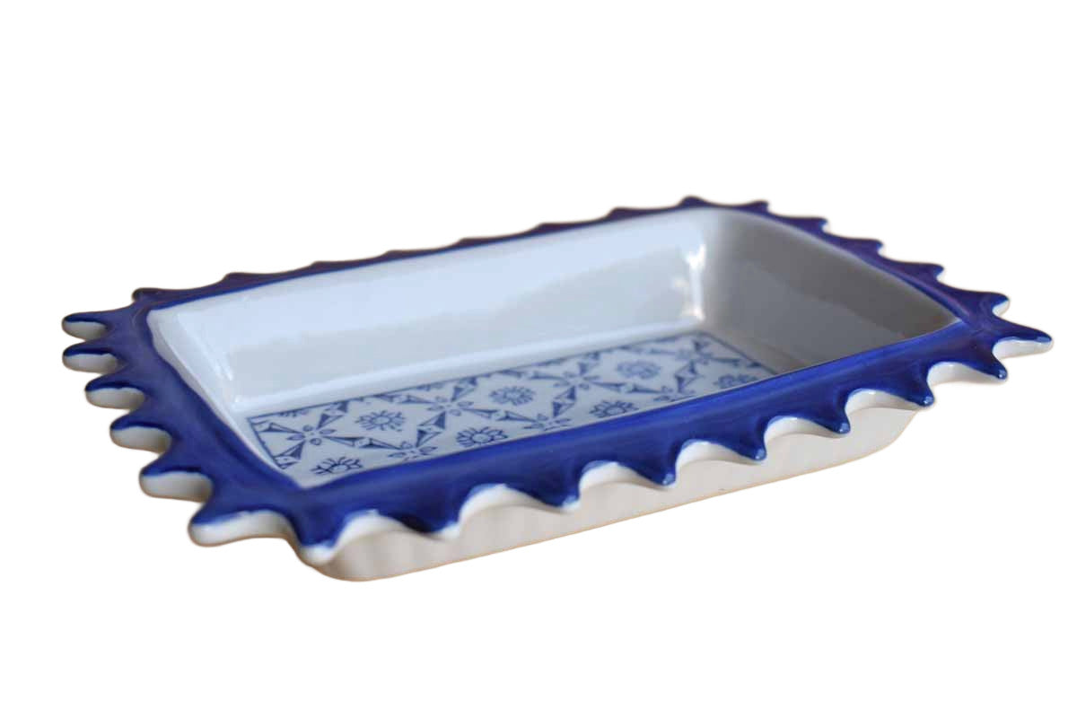 Unique Blue and White Ceramic Dish with Floral Pattern and Pointy Rim