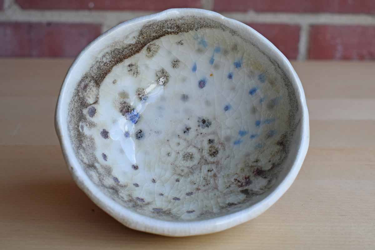 Little Stoneware Bowl with Mottled Blue and Tan Glaze Patterns