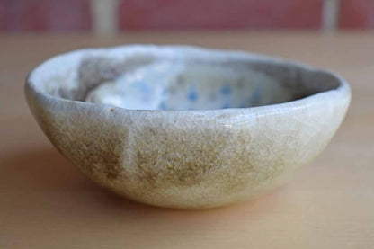 Little Stoneware Bowl with Mottled Blue and Tan Glaze Patterns