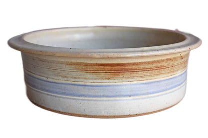 Shallow Round Stoneware Bowl with Blue and Tan Stripes