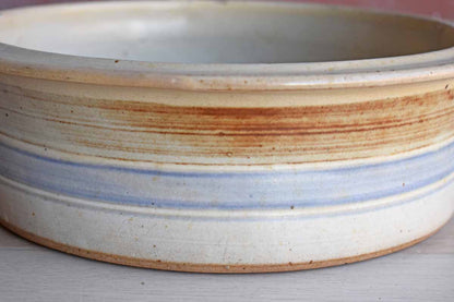 Shallow Round Stoneware Bowl with Blue and Tan Stripes