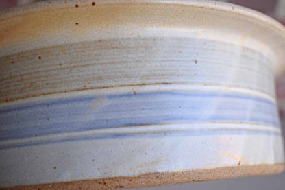 Shallow Round Stoneware Bowl with Blue and Tan Stripes