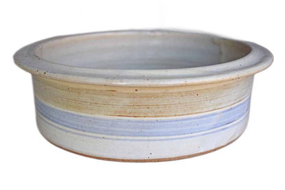 Shallow Round Stoneware Bowl with Blue and Tan Stripes
