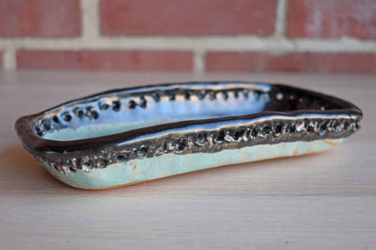 Simple black and Sea Green Handmade Stoneware Tray with Holes Around the Rim