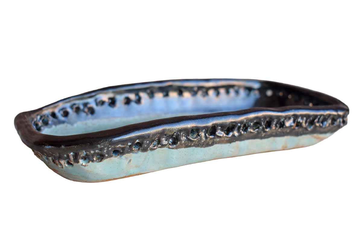 Simple black and Sea Green Handmade Stoneware Tray with Holes Around the Rim