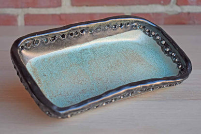 Simple black and Sea Green Handmade Stoneware Tray with Holes Around the Rim