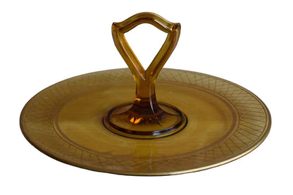 Light Amber Glass Tidbit Tray with Etched Lattice Pattern