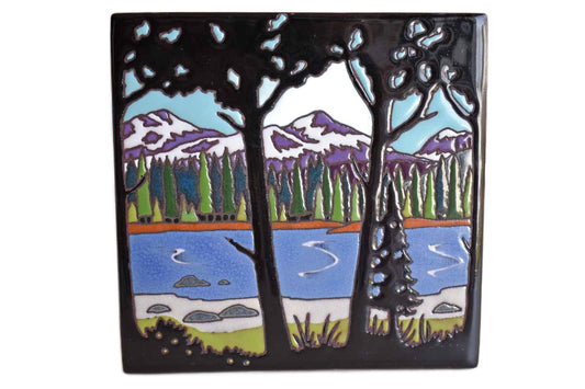 Ceramic Tile Depicting a Vibrant Lake and Mountain Scene