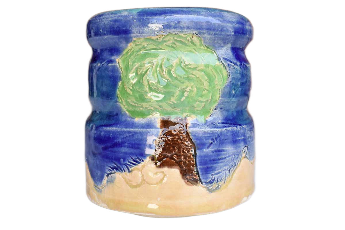 Little Ceramic Cup with Childlike Depiction of Tree and Sun