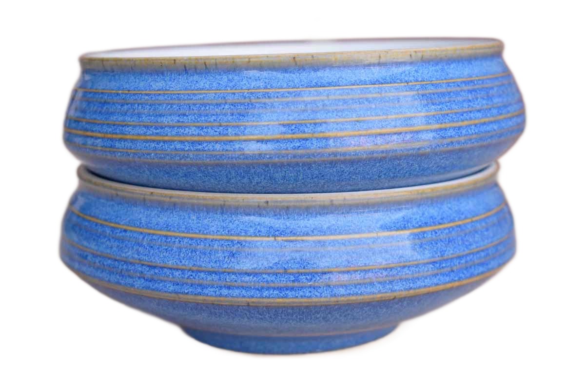Multipurpose Blue Ceramic Shallow Bowls, A Pair