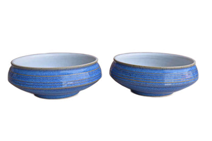 Multipurpose Blue Ceramic Shallow Bowls, A Pair